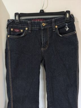 VTG Baby Phat Dark Wash Cropped Jeans Rolled Cuff Contrast Stitching Sz Small
